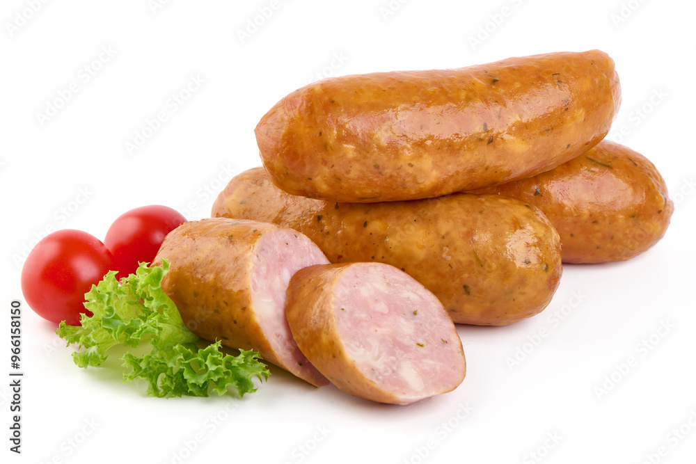 Smoked pork sausages, isolated on white background Smoked pork sausages, isolated on white background