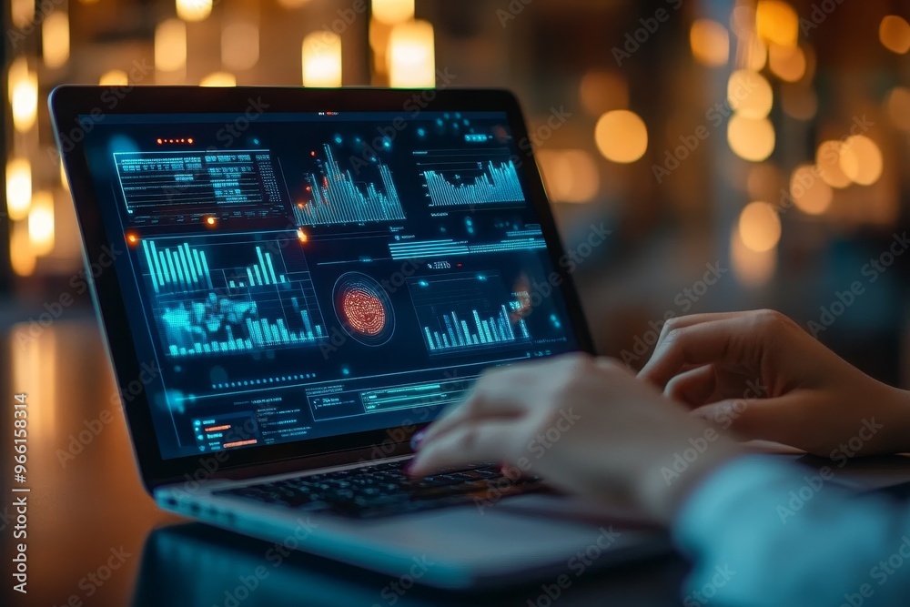 Close up of a person's hands typing on a laptop with a glowing blue screen full of data charts and graphs. Close up of a person's hands typing on a laptop with a glowing blue screen full of data charts and graphs.