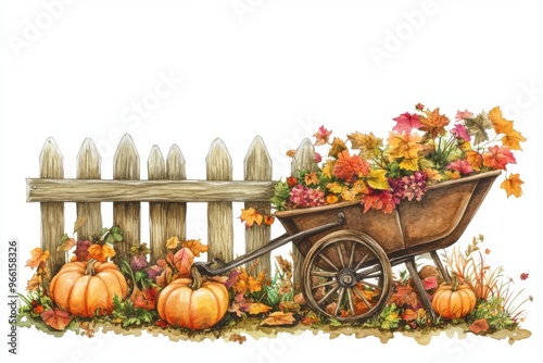 a charming autumnal scene featuring a vintage wheelbarrow overflowing with a colorful array of fall flowers, pumpkins, and leaves, set against a warm and inviting wooden fence illustration photo