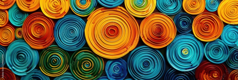 A colorful painting of circles with a blue and yellow circle in the middle A colorful painting of circles with a blue and yellow circle in the middle