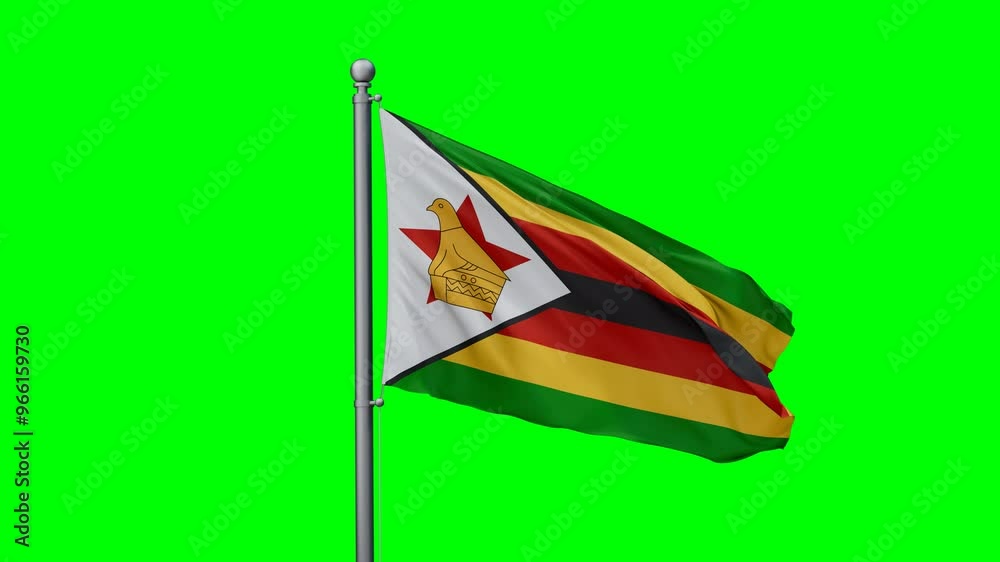 Zimbabwe flag waving in the wind with colored chroma key with green background