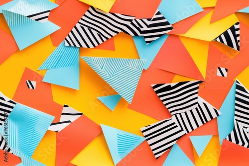 A vibrant collage of colorful memphis origami paper cutouts in various shapes and patterns, featuring bright orange, blue, and yellow pieces with striped designs.