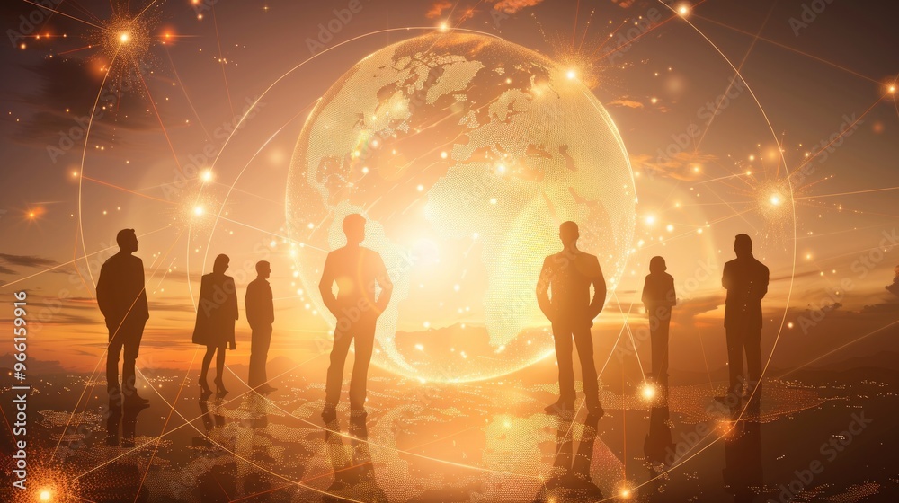 Fototapeta premium A group of people are standing around a globe, with a blue and green background