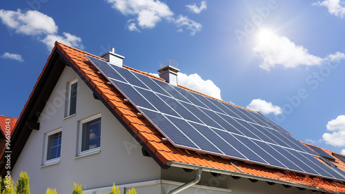 Dom z instalacją fotowoltaiczną. Czyste powietrze. Odnawialne źródła energii 