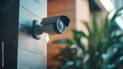 A close-up of a modern CCTV camera mounted on a wall, with a clear view of the camera's lens and housing, highlighting its sleek design and surveillance capability.
