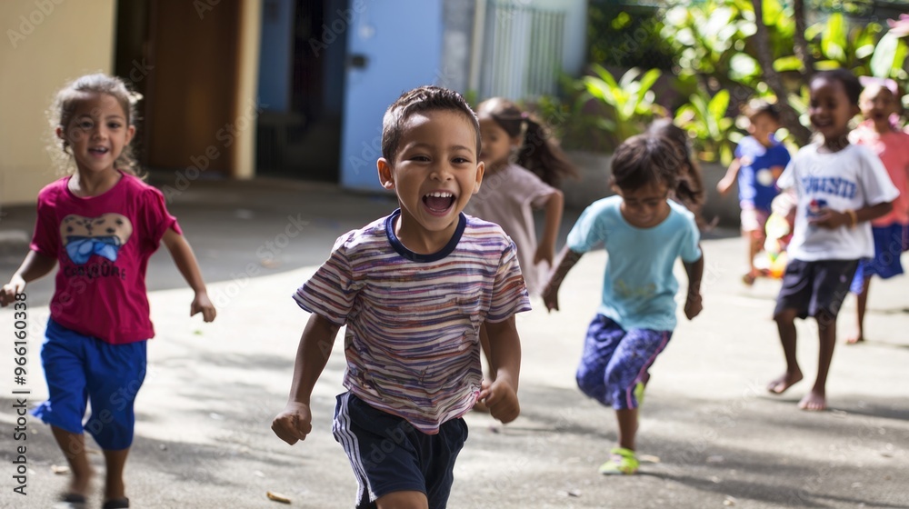 Fototapeta premium Joyful Children Playing and Having Fun at Recess in School Yard