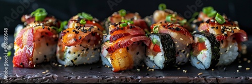 Chicken Uramaki Sushi with Bacon, Processed Cheese, Tomato, Green Onion, Black and White