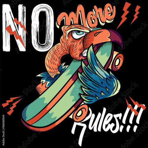 Illustration of a vulture holding a long skateboard with colorful details in tattoo style, urban and graffiti texts, flags and classic details