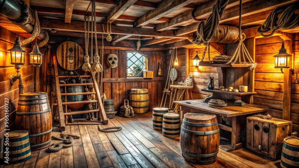 Naklejka premium Pirate cabin inside an old ship featuring wooden walls, barrels, treasure chest, and pirate flags