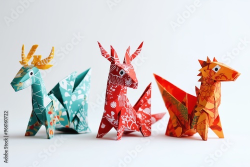 A colorful three origami dragons, each with unique patterns and colors. The first dragon is teal with floral designs, the second is red with intricate patterns. photo