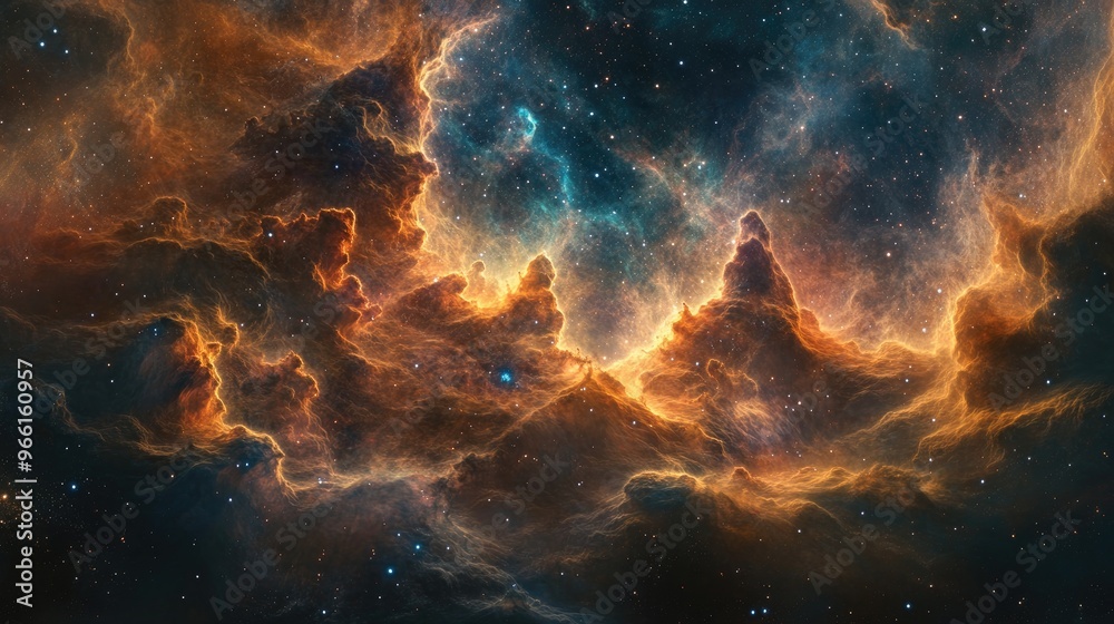 Fototapeta premium Colorful swirling space clouds in a nebula, highlighted by distant stars and cosmic energy, creating an awe-inspiring universe view.