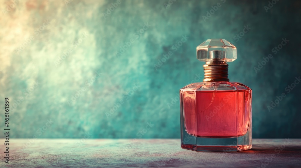 A close-up of a perfume bottle with a stylish, artistic label, positioned on a textured background that complements its color and design A close-up of a perfume bottle with a stylish, artistic label, positioned on a textured background that complements its color and design