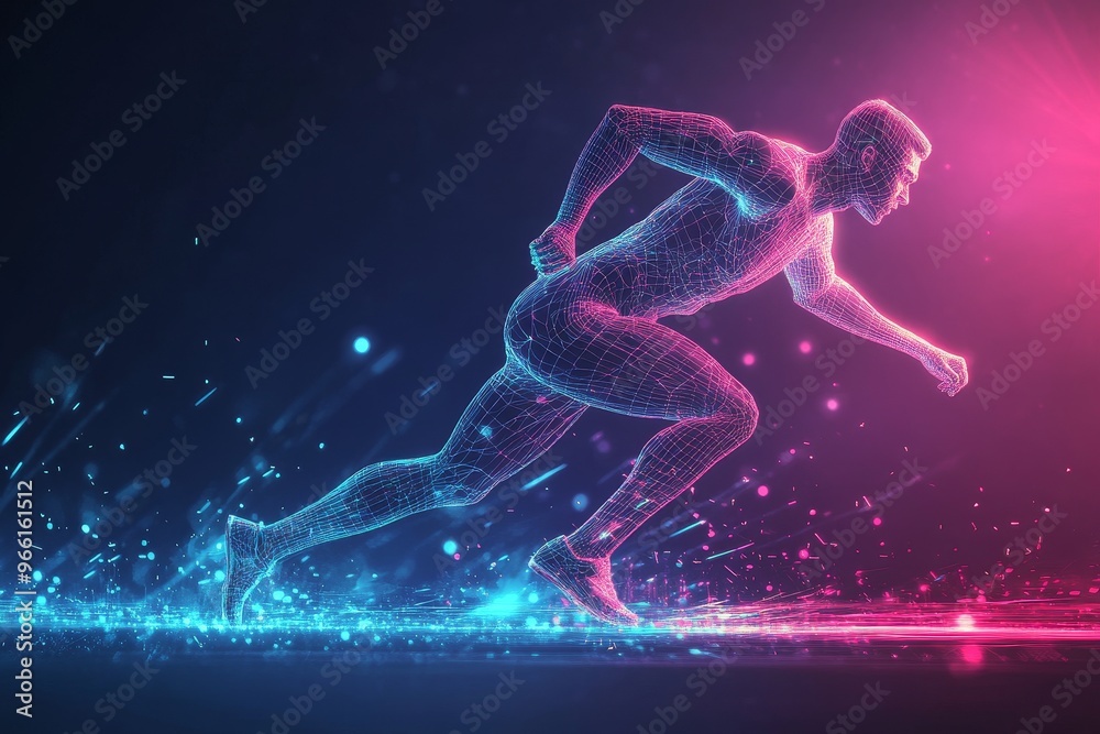 Wireframe human figure running in a neon glow with abstract particles. Wireframe human figure running in a neon glow with abstract particles.