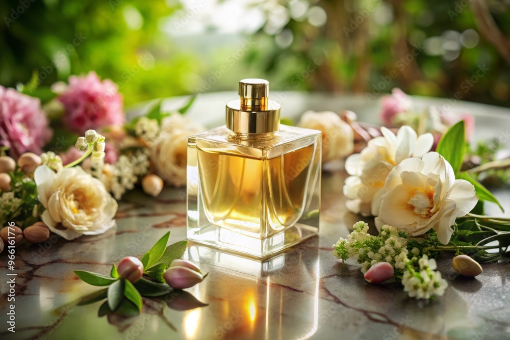 Elegant, luxurious perfume bottle with golden cap and label, placed on a stylish marble table, surrounded by fresh Elegant, luxurious perfume bottle with golden cap and label, placed on a stylish marble table, surrounded by fresh
