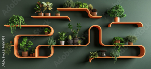 Modern minimalistic study featuring biomorphic wall shelves in dark green background