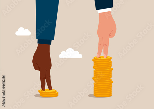 White hand human standing on high salary coins tower with poor man on low coins stack. Economic inequality, rich and poor gap, unfairness income, different money people being paid. 