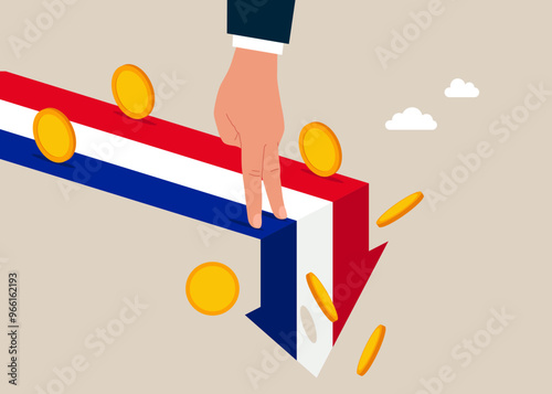 Netherlands economy collapse. Financial instability and stock market crash. Hand human falling from stack of unstable money. Vector illustration.
