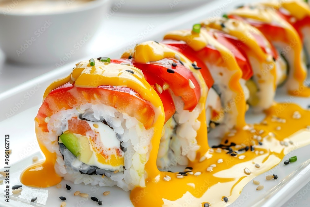 Tomato Sushi, Red Vegetable Uramaki Sushi Rolls, Fusion Maki Sushi with Rice, Cheese, Tomatoes