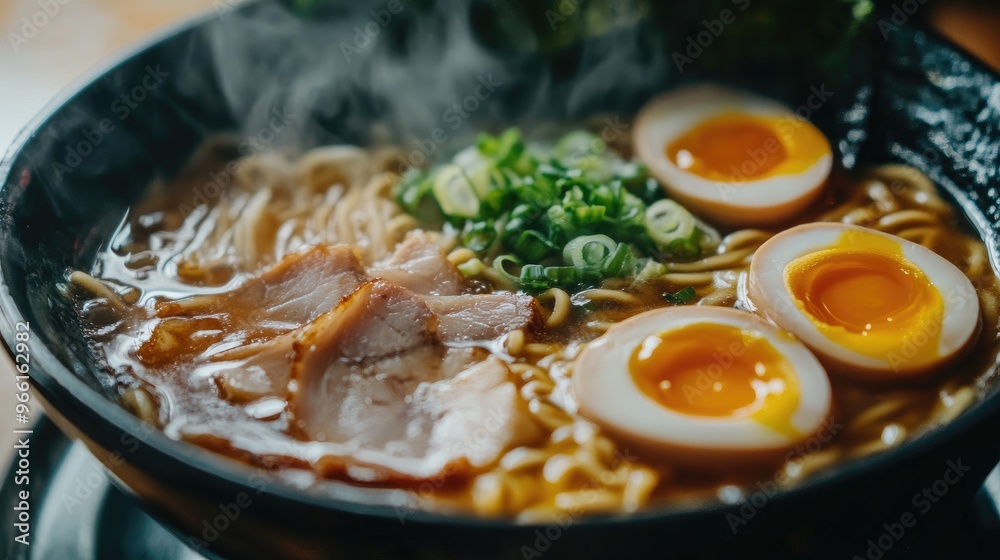 A close-up of a steaming bowl of ramen with rich broth, tender noodles, and toppings like sliced pork, green onions, and a soft-boiled egg, capturing its delicious appeal A close-up of a steaming bowl of ramen with rich broth, tender noodles, and toppings like sliced pork, green onions, and a soft-boiled egg, capturing its delicious appeal