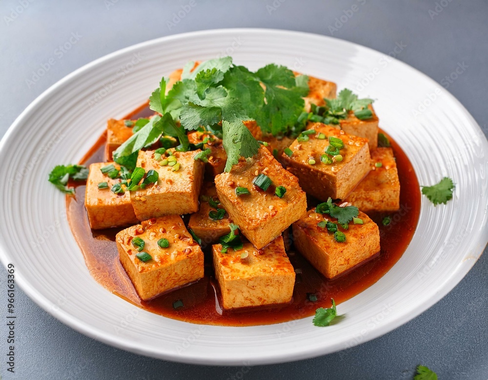 Spicy tofu dish on a white plate with fresh herbs. Spicy tofu dish on a white plate with fresh herbs.