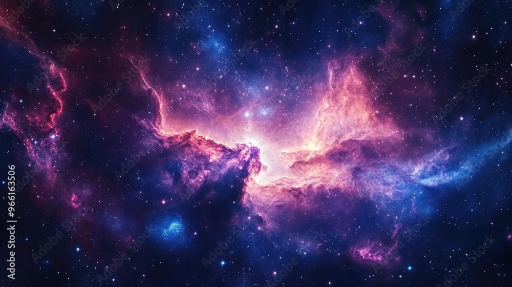 Obraz premium Dreamy view of a space nebula with radiant starlight and deep hues of blues, purples, and pinks representing galactic wonder.