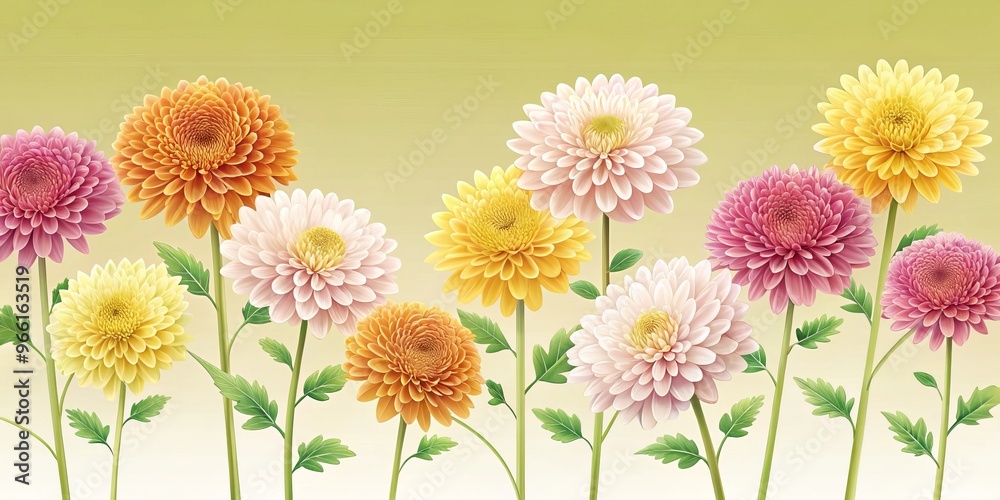 A Bouquet of Colorful Chrysanthemums on a Light Green Background, Digital Painting, Soft Pastel, Flower Arrangement, Chrysanthemum, Flower, Bouquet A Bouquet of Colorful Chrysanthemums on a Light Green Background, Digital Painting, Soft Pastel, Flower Arrangement, Chrysanthemum, Flower, Bouquet