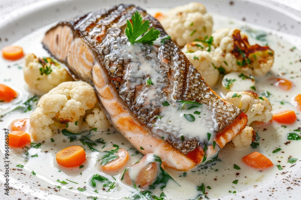 Breaded Salmon, Trout Fillet in Cream Sauce, Red Fish Meat with Cauliflower and Carrots Closeup Breaded Salmon, Trout Fillet in Cream Sauce, Red Fish Meat with Cauliflower and Carrots Closeup