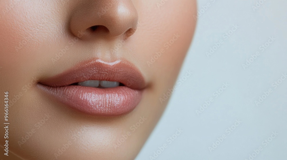 Obraz premium A close-up of a woman lips with a subtle, natural lip balm, showing smoothness and hydration, with a clean and simple background that emphasizes the lip care aspect.