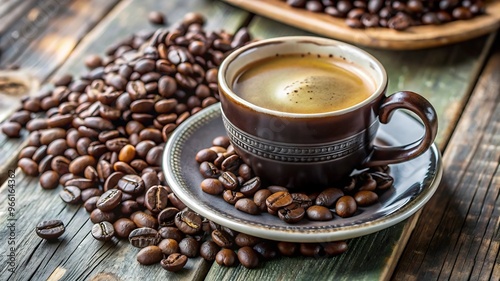 Espresso Coffee Cup With Beans On Vintage Table