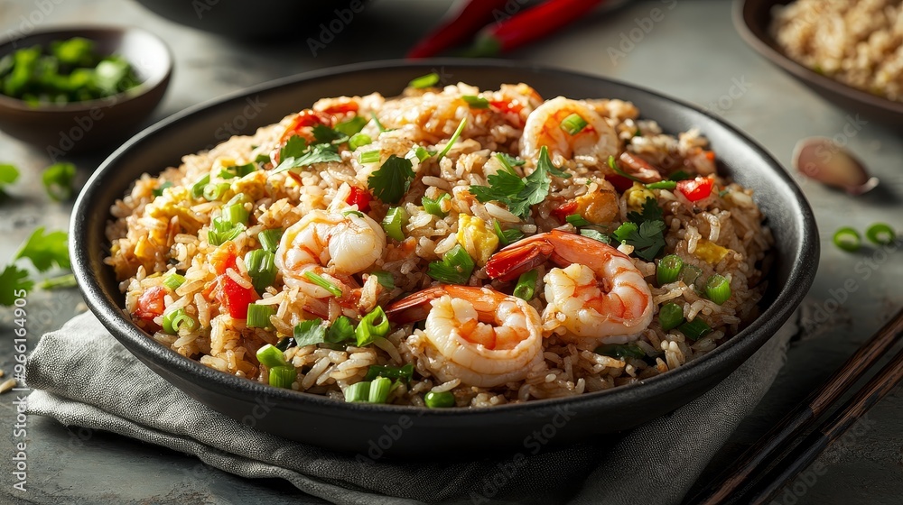 A delicious bowl of shrimp fried rice garnished with herbs and vegetables, showcasing vibrant colors and textures. A delicious bowl of shrimp fried rice garnished with herbs and vegetables, showcasing vibrant colors and textures.