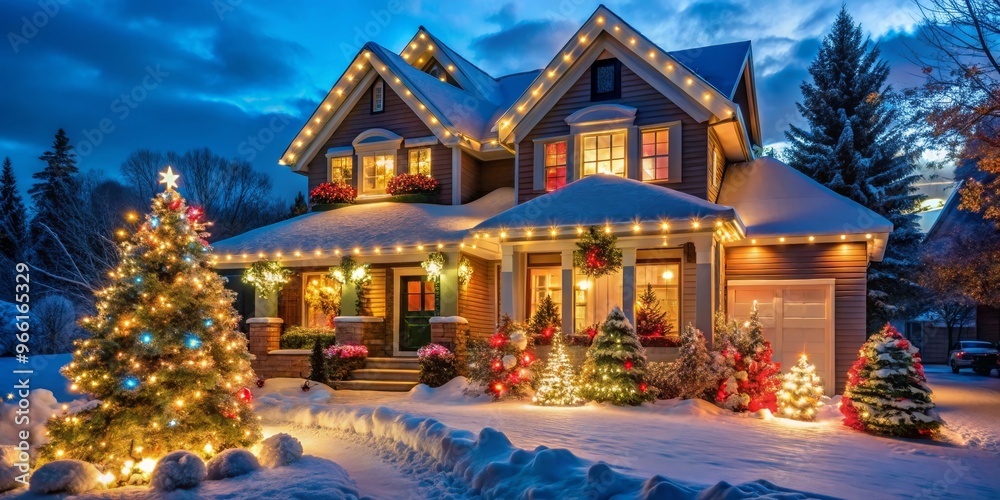 A Festive Home in the Snow, Composition Wide shot, Image Snow-covered house with Christmas lights, Concept Christmas cheer and winter wonderland A Festive Home in the Snow, Composition Wide shot, Image Snow-covered house with Christmas lights, Concept Christmas cheer and winter wonderland