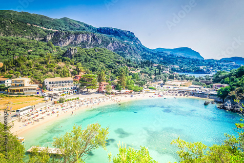 Paleokastritsa beach bay on Korfu, view from above, Greece photo