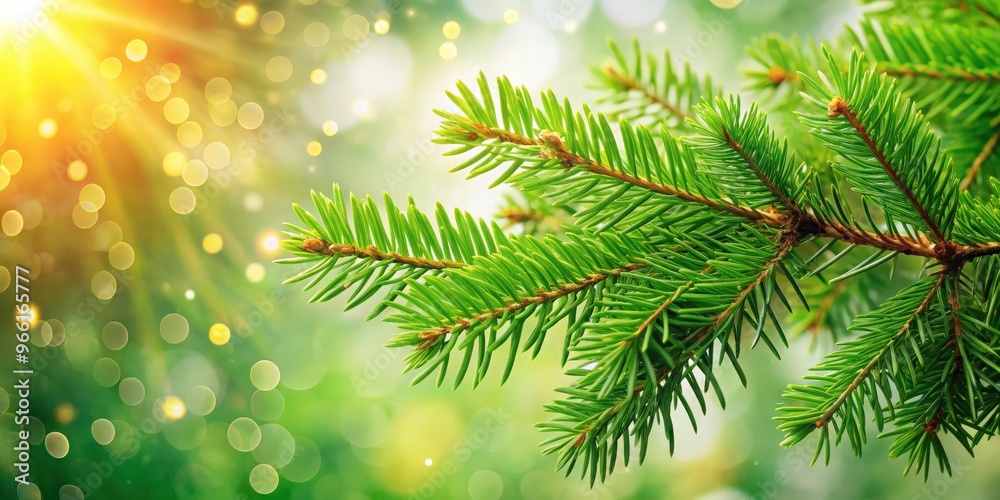 Christmas background with close-up of beautiful green pine tree branch with copy space