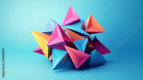 Colorful, 3D geometric shapes made up of simple triangles. These shapes have a modern, abstract look.