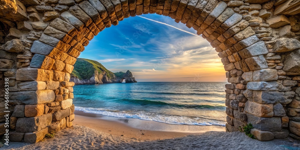 Fototapeta premium A Stone Archway Reveals a Breathtaking Sunset Over the Sea, stone arch, sea, sunset, landscape , ocean , beach