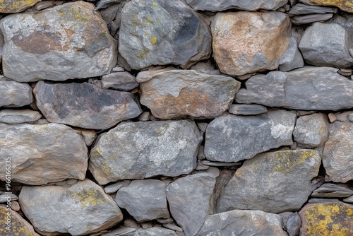 Rustic stone wall made of various sizes and shapes of stones, featuring a mix of gray, brown, and beige colors, with some moss and lichen growth.