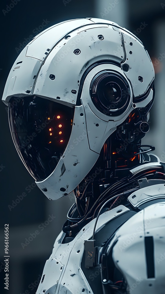 Fototapeta premium Close-up of a White Futuristic Robot Head with Glowing Lights