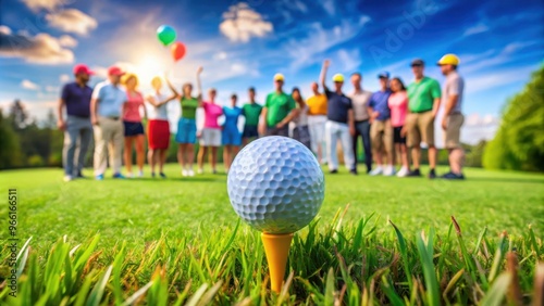 Vibrant and fun golf party on green grass with golf par tee