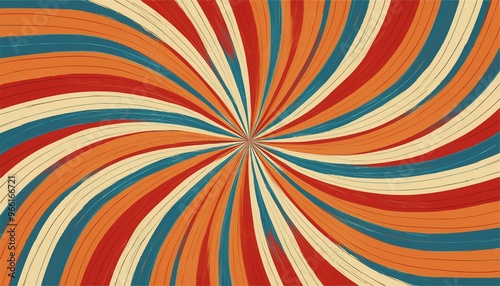 retro starburst sunburst background pattern and grunge textured vintage color palette of orange red beige peach and blue in spiral or swirled radial striped vector design