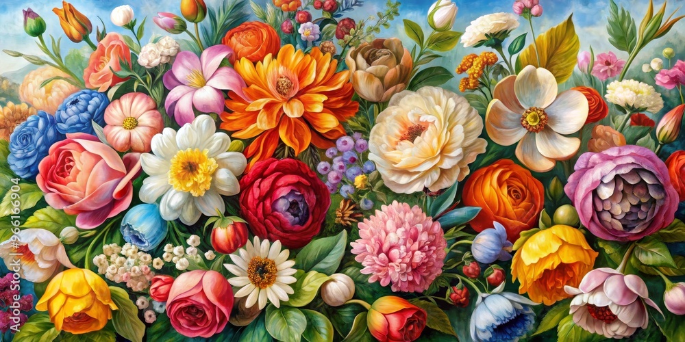 A Vibrant Oil Painting of a Lush Floral Arrangement, featuring a variety of flowers including roses, peonies, dahlias