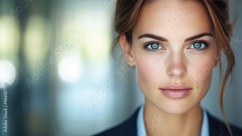 A close-up portrait of a businesswoman with clear, focused eyes and a polished look, wearing a formal suit, with a clean, corporate environment in the background photo