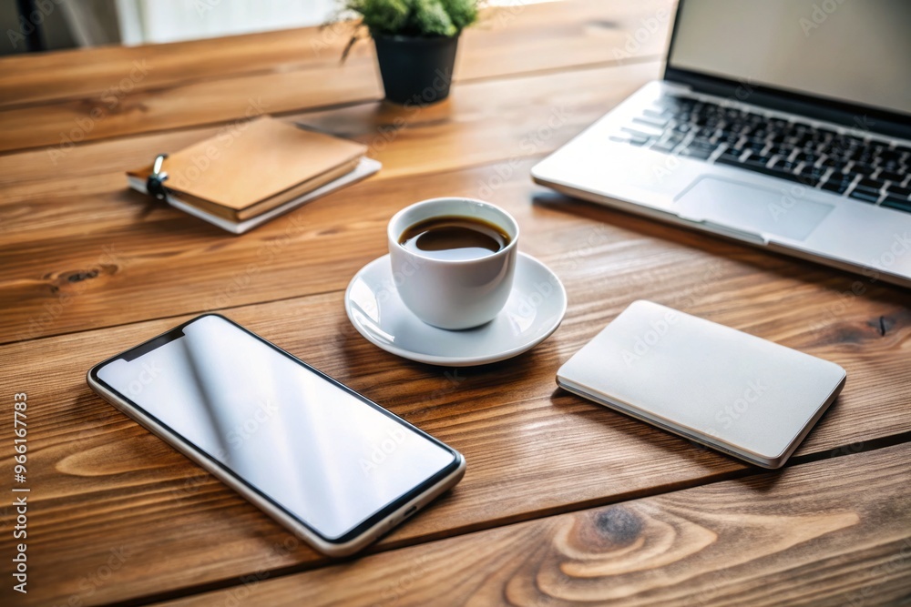 Empty white smartphone screen placed on a wooden table surrounded by coffee cups, laptops, and notebooks, ready for Empty white smartphone screen placed on a wooden table surrounded by coffee cups, laptops, and notebooks, ready for