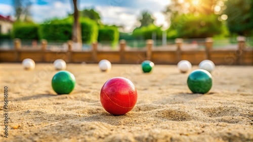 Traditional Italian bocce game played outdoors on a sandy court with colored balls and a small white target ball