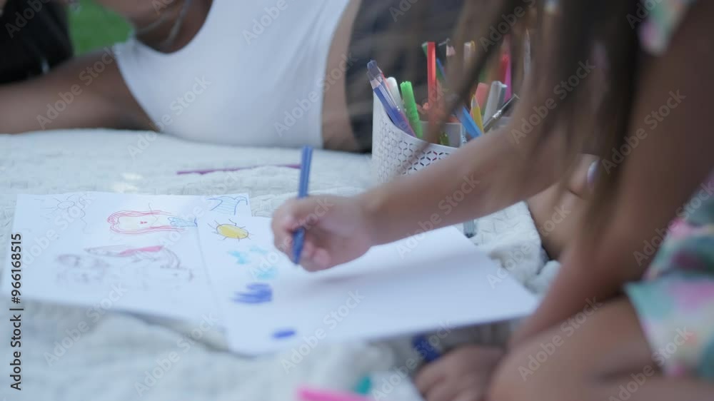 A mother and her young daughter sit on a blanket in the backyard, engaging in a drawing activity together. The outdoor scene captures a peaceful family moment, fostering creativity and bonding. A mother and her young daughter sit on a blanket in the backyard, engaging in a drawing activity together. The outdoor scene captures a peaceful family moment, fostering creativity and bonding.
