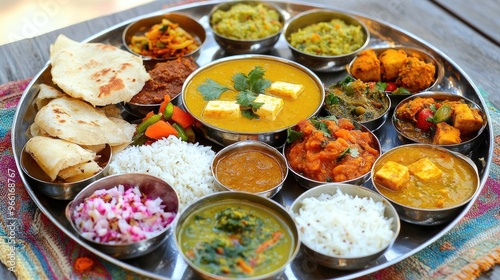 A colorful thali platter featuring a variety of Indian dishes including dal, paneer curry, vegetable sabzi, and rice, arranged on a traditional metal plate with vibrant colors.