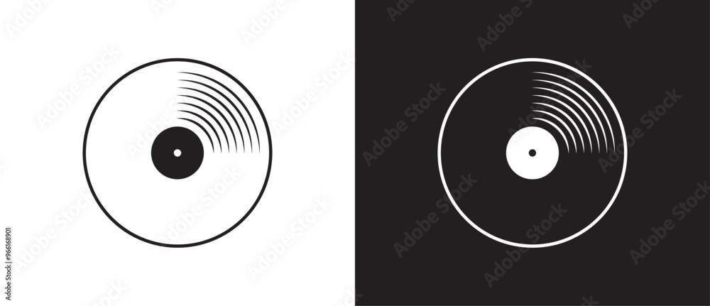 Music player icon. Vinyl record icon. Music symbol, gramophone. Vinyl disc icon for DJ equipment and 70s 80s 90s nostalgic discotheque symbol isolated on black and white background. Vector illustratio Music player icon. Vinyl record icon. Music symbol, gramophone. Vinyl disc icon for DJ equipment and 70s 80s 90s nostalgic discotheque symbol isolated on black and white background. Vector illustratio