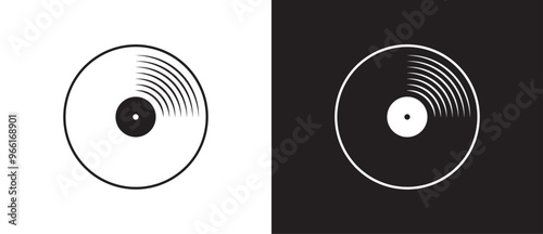 Music player icon. Vinyl record icon. Music symbol, gramophone. Vinyl disc icon for DJ equipment and 70s 80s 90s nostalgic discotheque symbol isolated on black and white background. Vector illustratio