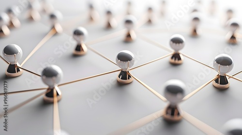 Interconnected Metallic Spheres with Golden Lines on a White Surface