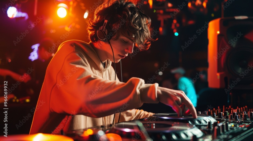 Naklejka premium dj playing in a disco with neon lights