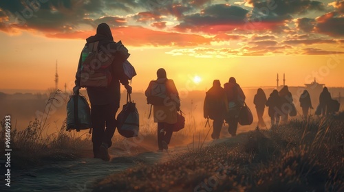 poignant scene of diverse group of refugees carrying belongings walking towards hope set against backdrop of challenging landscape and distant city skyline photo